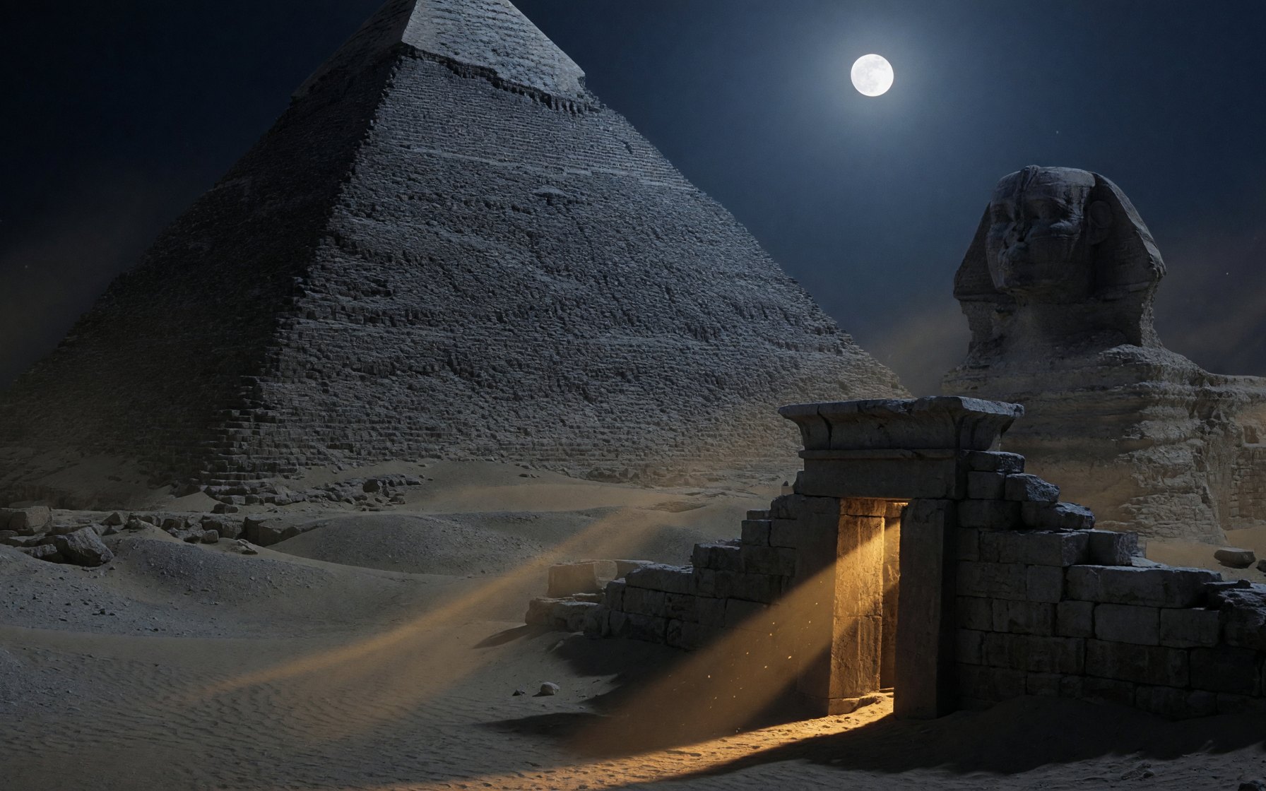 Moonlit pyramid and sphinx in the Egyptian desert